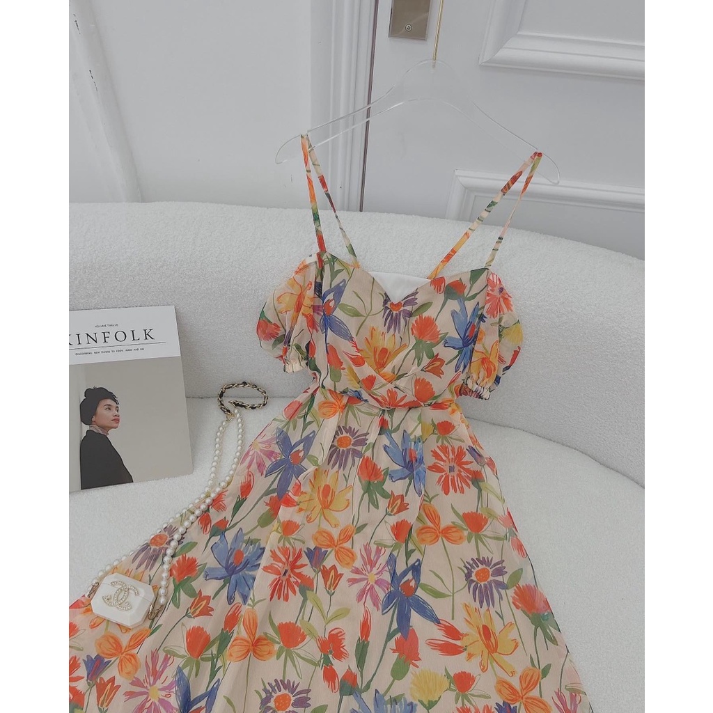 Đầm hoa dự tiệc rớt vai đan dây sống ảo váy xinh dễ thương sang chảnh phong cách XUKA DRESS