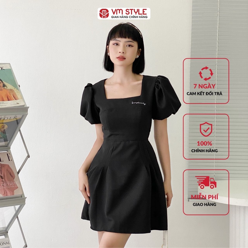 Đầm nữ tay bồng dáng xòe ngắn VMSTYLE cổ vuông phối chữ thêu tay - 22VD02KI2102