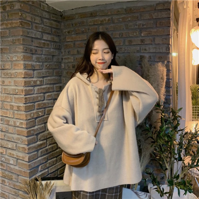 Áo hoodie buộc dây cách điệu chất nỉ bông dày dặn