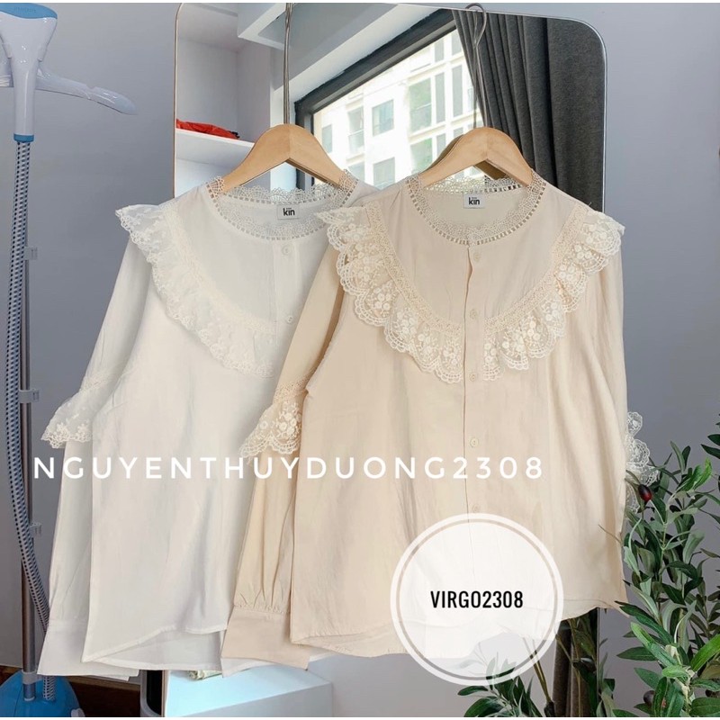 [Ảnh thật/Video/Sẵn]Áo sơmi cổ tàu viền ren ngực tay ulzzang