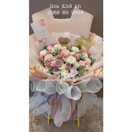 Bó hoa sáp 4 lớp 55bông mix lá táo. Tặng full phụ kiện y hình