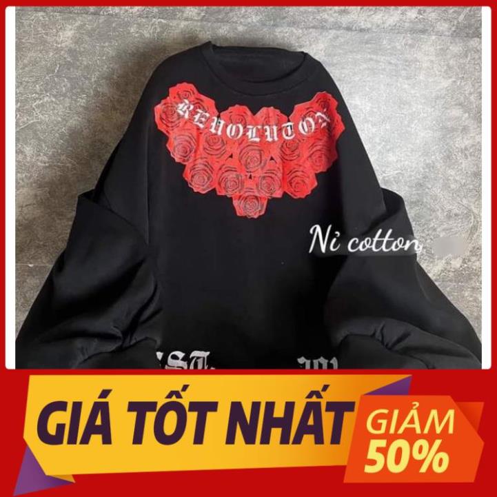 Áo swt nỉ cổ tròn cotton tay bồng ------- ÁO NỈ HOA HỒNG ĐỎ VIỀN CỔ