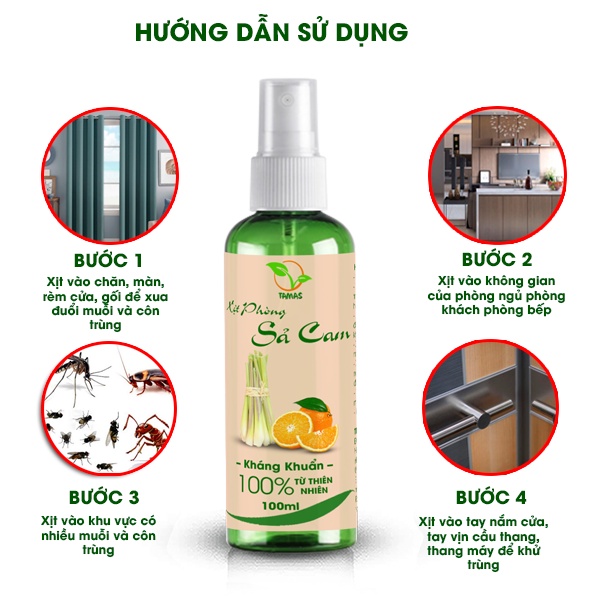 Combo 3 Chai Xịt Phòng, Đuổi Muỗi Và Côn Trùng TAMAS 100ml Hương Sả Chanh, Sả Cam, Quế Sả- Thành Phần Tự Nhiên, An Toàn