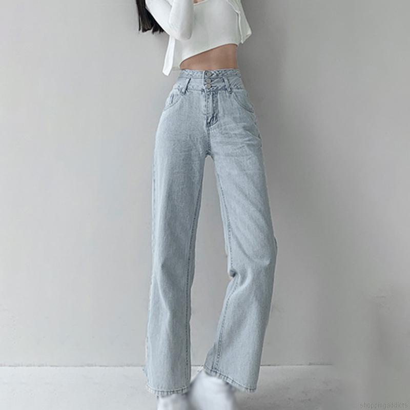 Quần Denim Ống Rộng Lưng Cao Thời Trang Cho Nữ