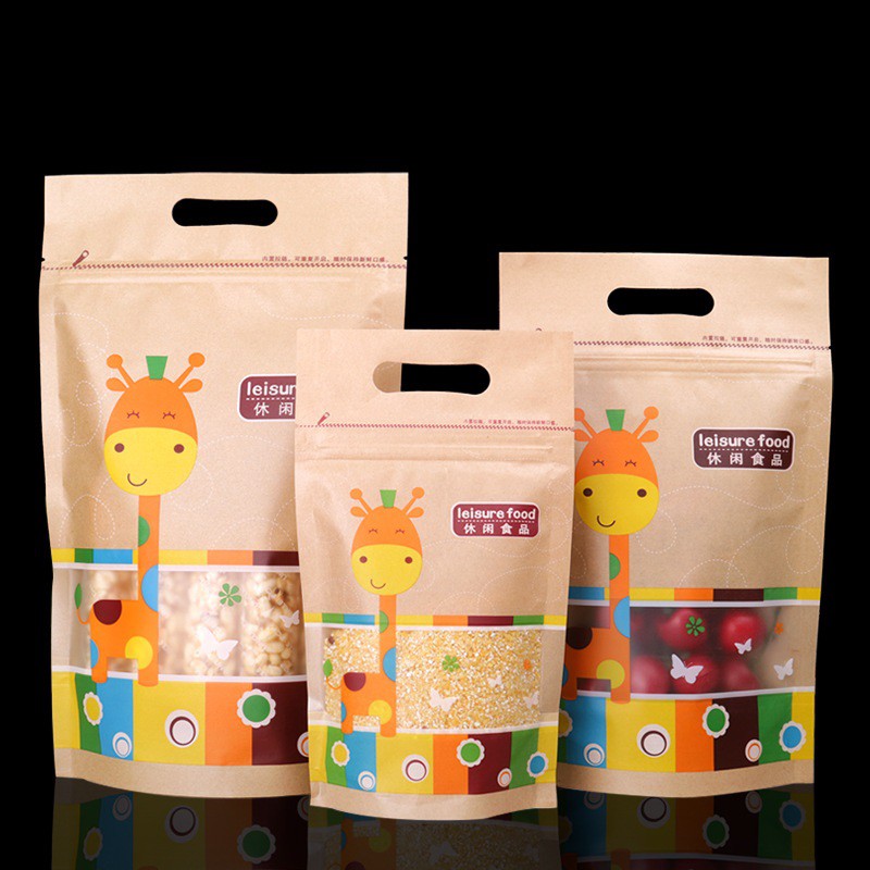 Set 100 Túi Giấy Kraft In Họa Tiết Hoạt Hình Có Khóa Kéo Phía Trước Cửa Sổ