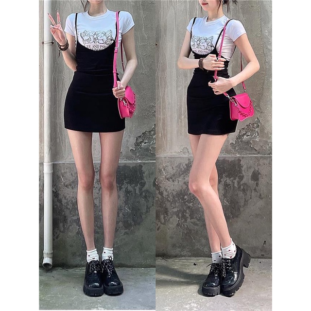 Áo thun tay ngắn dáng ôm và chân váy ôm có thắt lưng màu đen cho nữ