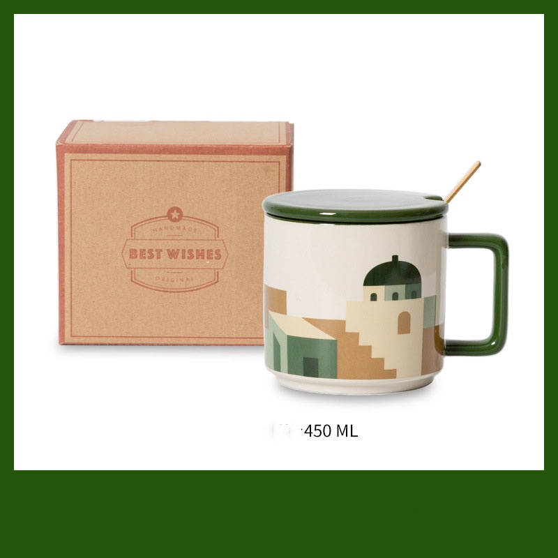 Cốc ly sứ The Oasis kèm nắp và thìa họa tiết cây xương rồng, cây dừa, dùng đựng trà, cafe, nước uống hằng ngày, quà tặng