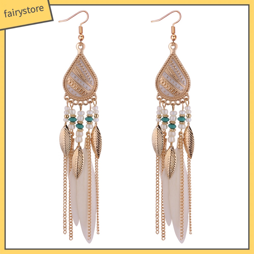 Khuyên tai dáng dài đính lông vũ tua rua dạng hạt phong cách cổ điển cho nữ