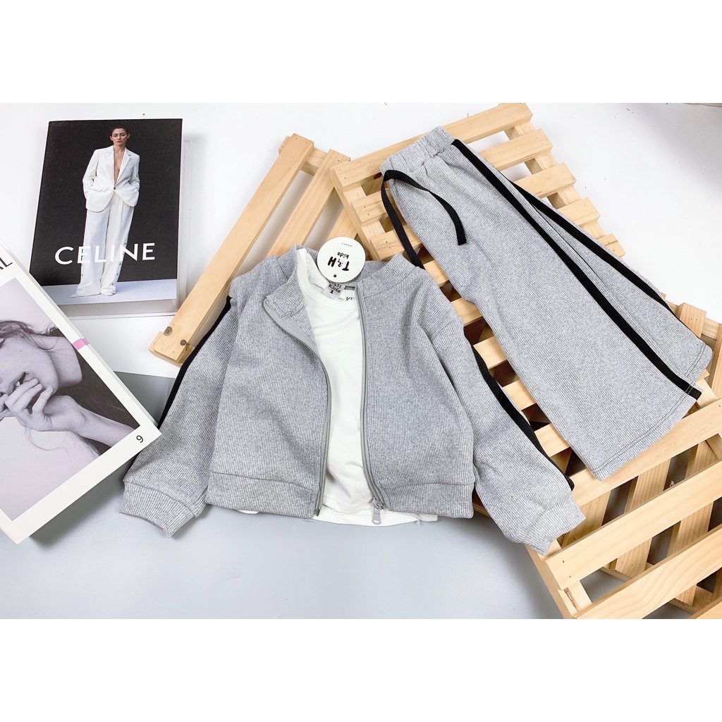 Đồ bộ bé gái thun cotton 3 chi tiết Áo khoác Croptop dài tay, Quần dài ống rộng và Áo thun trong cho bé 8-20 kg, DUCK332