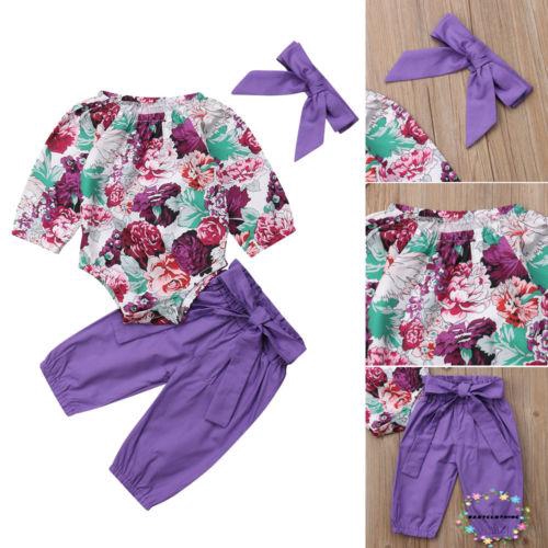 Set jumpsuit hoa + quần dài + băng đô dễ thương cho bé gái