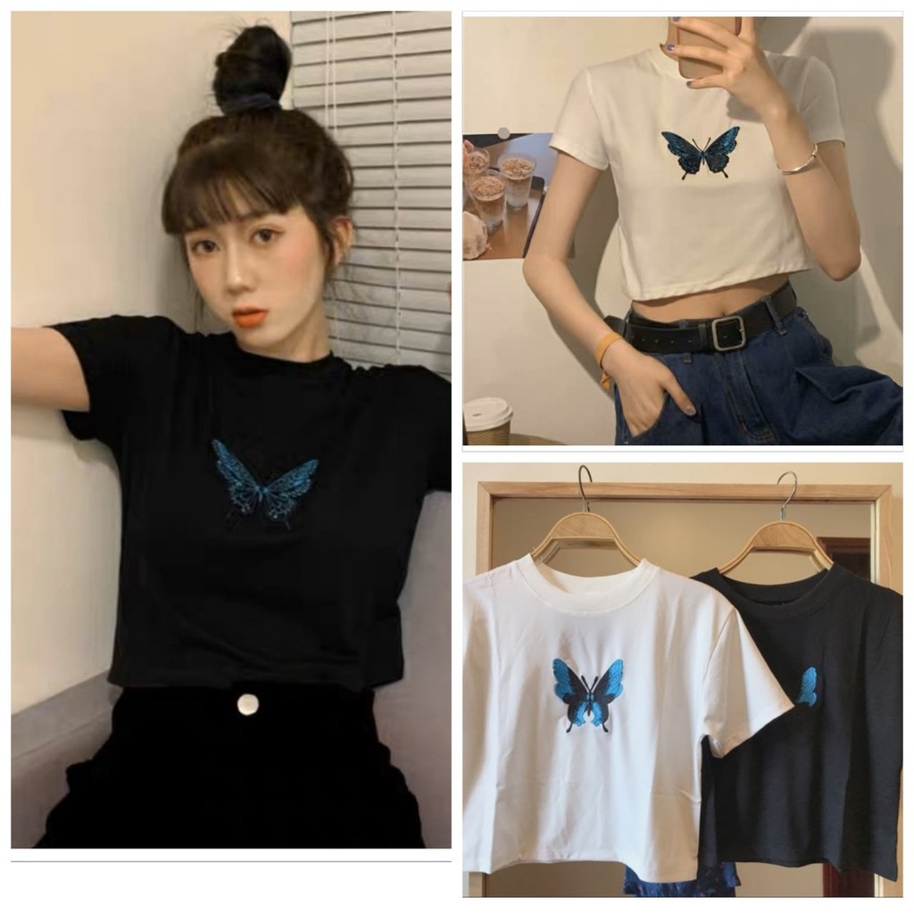 [Mã FADI5K245 giảm 5K đơn bất kì] Áo Croptop Nữ Họa Tiết Thêu Bướm Siêu Xinh ⚡ Áo Nữ Ngắn 2 Màu So Hot