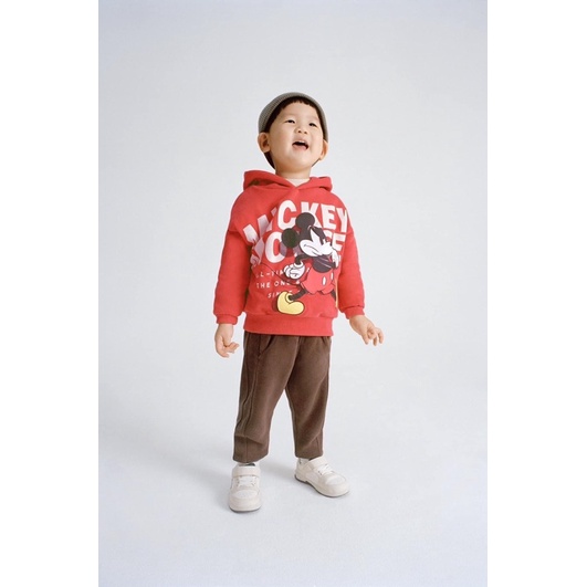 Áo nỉ da cá chui đầu có mũ màu đỏ Mickey cực xinh, áo hoodie trẻ em thu đông dài tay bo gấu bo tay cực năng động đẹp