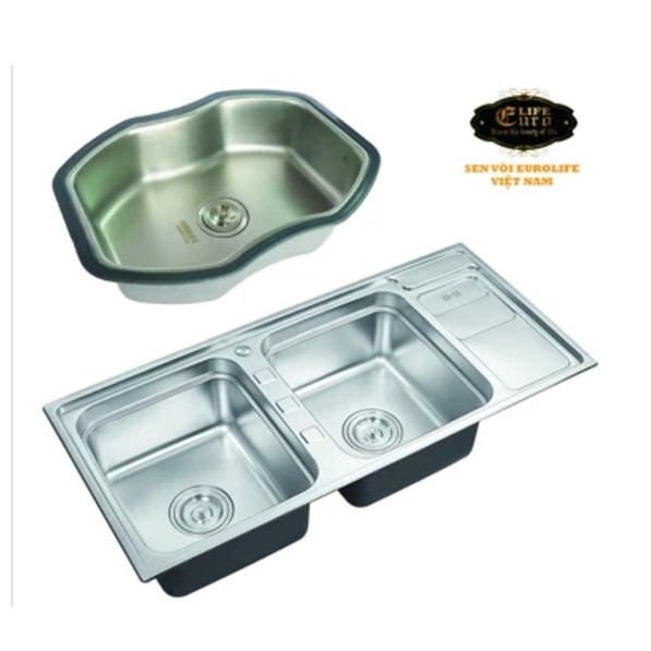 Chậu rửa chén Eurolife EL-C7 (Trắng bạc) + Chậu Inox nhỏ có xả Eurolife C18 (Trắng bạc)