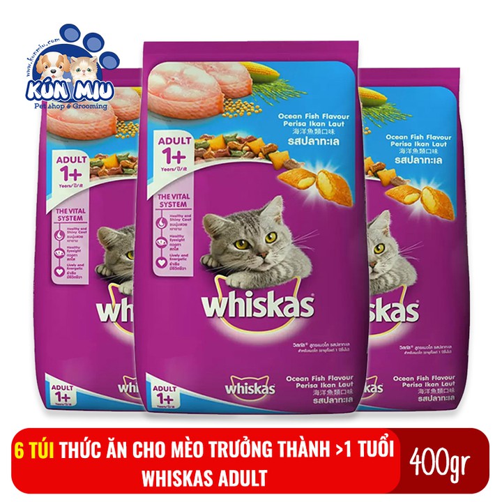 Combo 6 túi Thức ăn cho mèo trưởng thành trên 1 tuổi Whiskas Adult 400gr