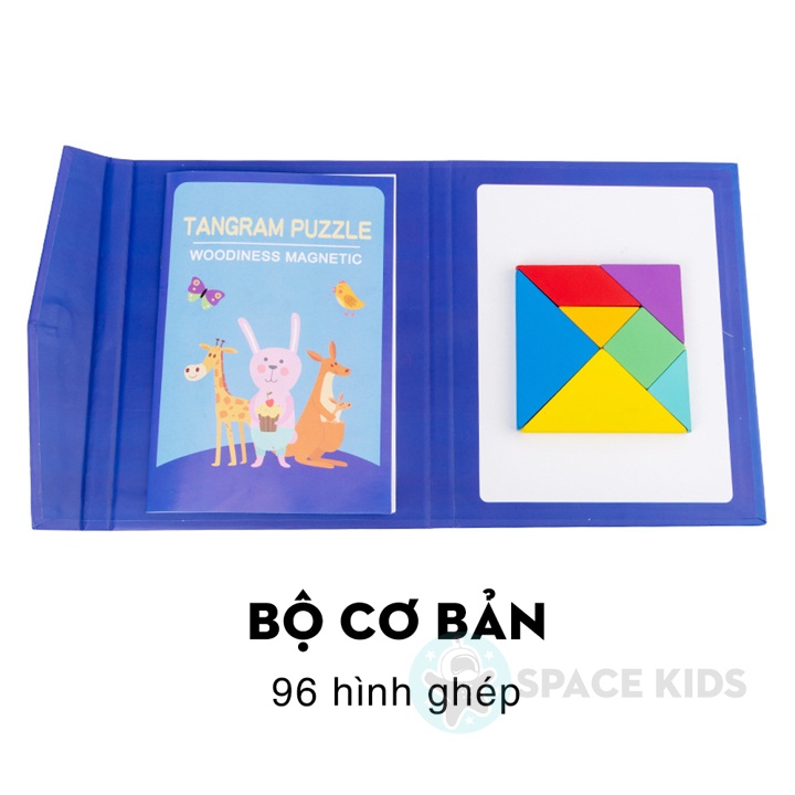 Đồ chơi trí tuệ cho bé Xếp hình gỗ Tangram nam châm có kèm sách, đồ chơi gỗ thông minh montessori