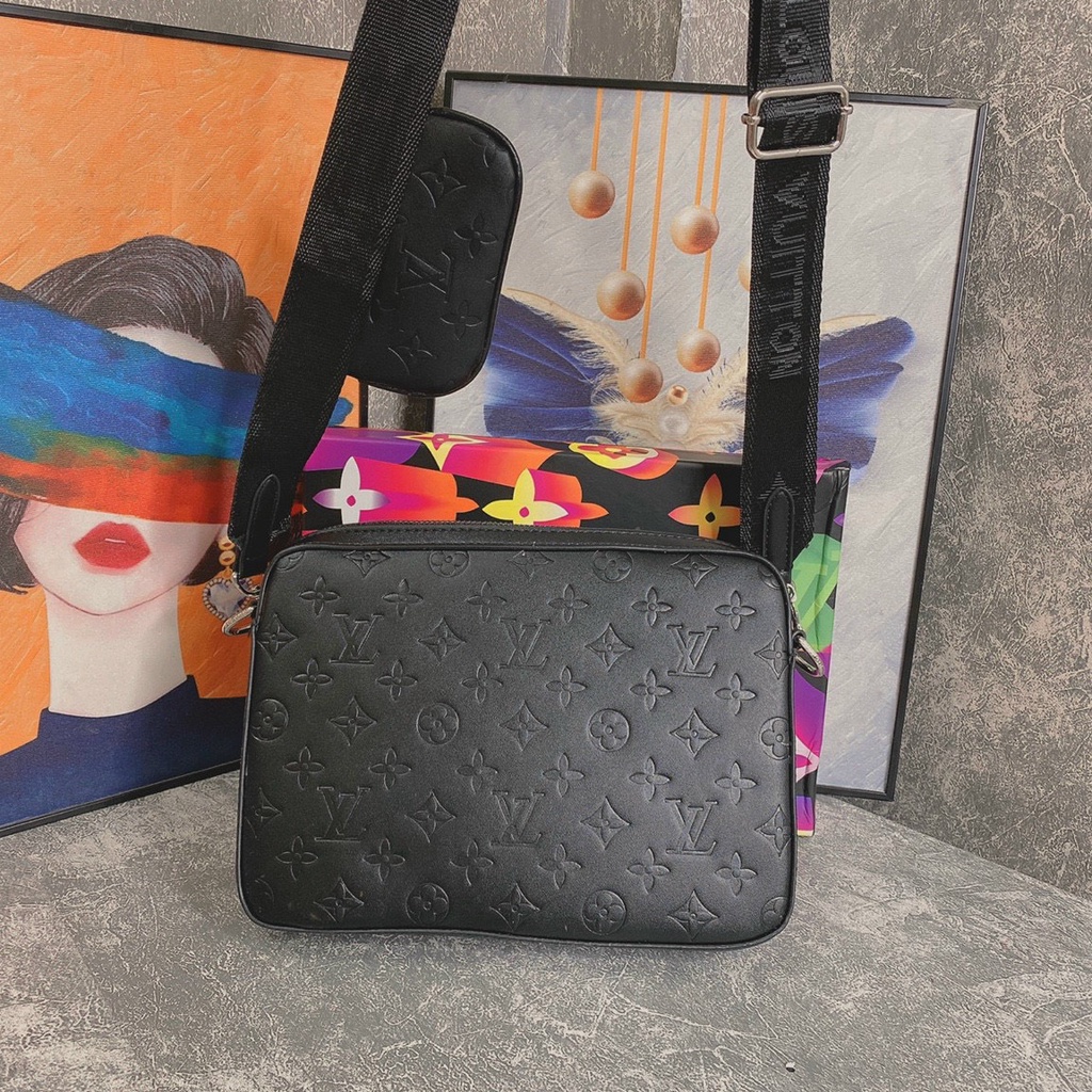 Túi đeo chéo L V sét 3 món vân hoa chìm LA fullbox bill thẻ túi vải