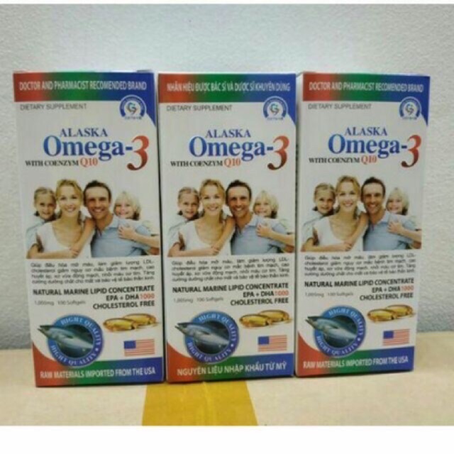 Dầu cá Alaska omega 3 with coenzym Q10 hộp màu trắng gia đình Hộp 100 viên