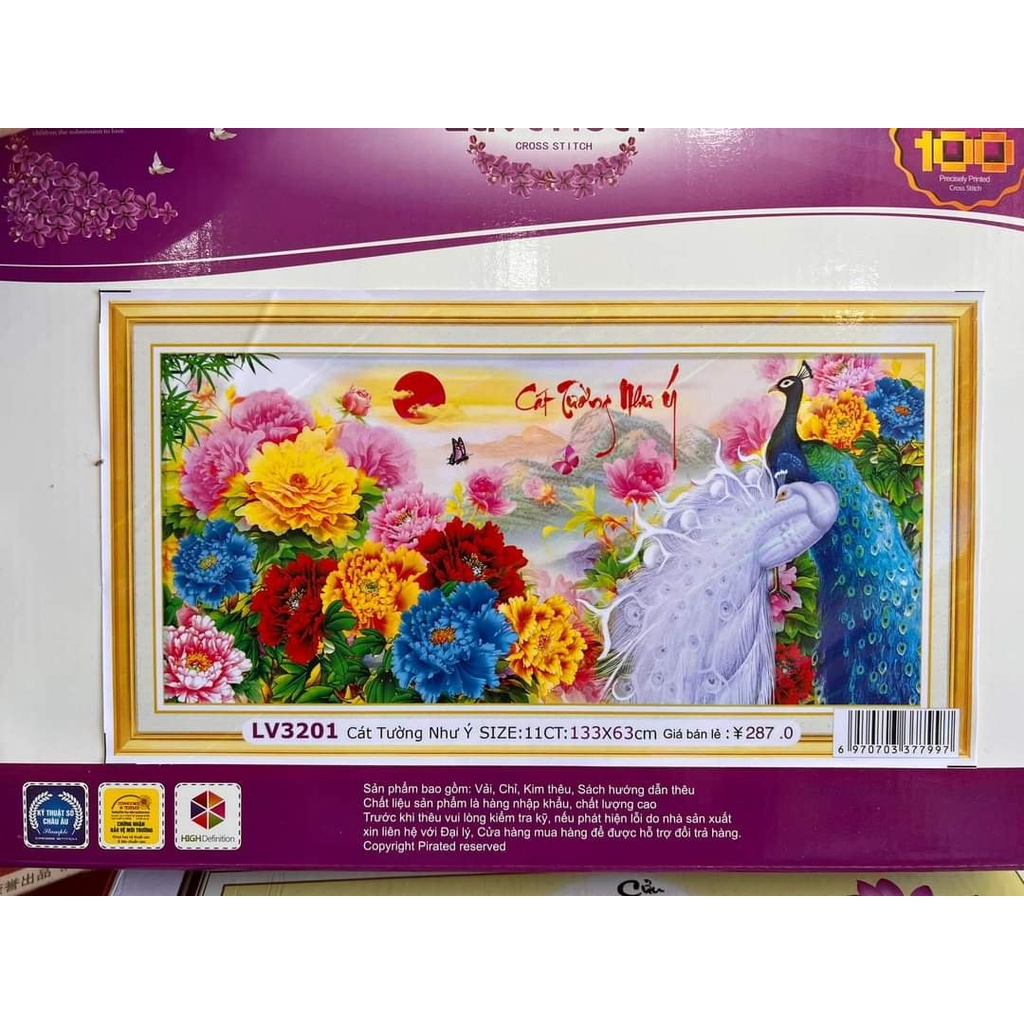 Tranh thêu chữ thập Phú quý cát tường KT:133x63cm, Tranh chưa thêu,Tặng kéo và xỏ chỉ,
