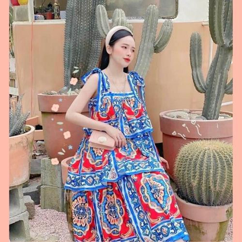 Đầm maxi đi biển họa tiết thổ cẩm xòe tầng 2 dây thắt nơ vai sống ảo siêu xinh XUKA DRESS MT055