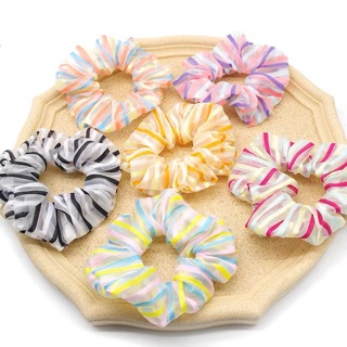 🌈Chun buộc tóc Scrunchie voan kẻ dọc
