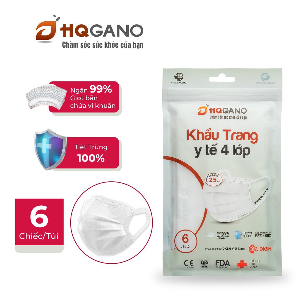 Gói khẩu trang y tế quai 3D mới 4 lớp HQGANO chống bụi mịn, kháng khuẩn, không mùi, chất liệu cực mềm mại