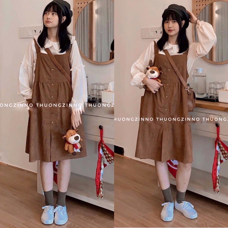 [Ảnh thật/Video] Set yếm nhung vintage dáng babydoll kèm áo cổ sen tiểu thư Set yếm vintage phong cách Hàn Quốc