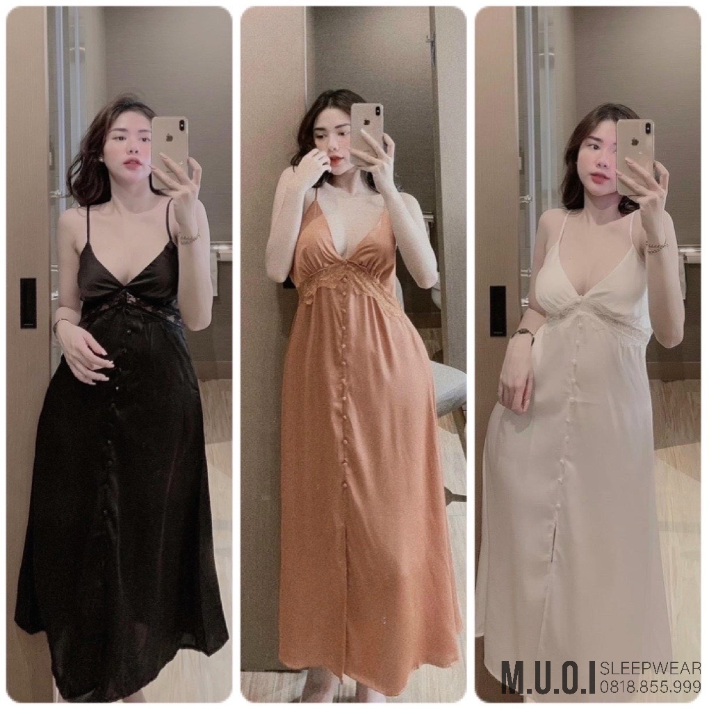 [FREESHIP] Váy ngủ sexy Quảng Châu - Sx 158 Váy ngủ lụa dáng dài cúc bọc hot hit cao cấp QUảng Châu Muối Sleepwear