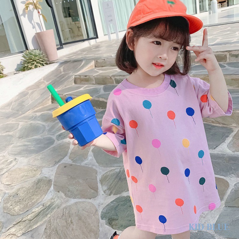 Đầm Thun Tay Ngắn Cổ Tròn Họa Tiết Chấm Bi Phong Cách Hàn Quốc Dành Cho Bé Gái