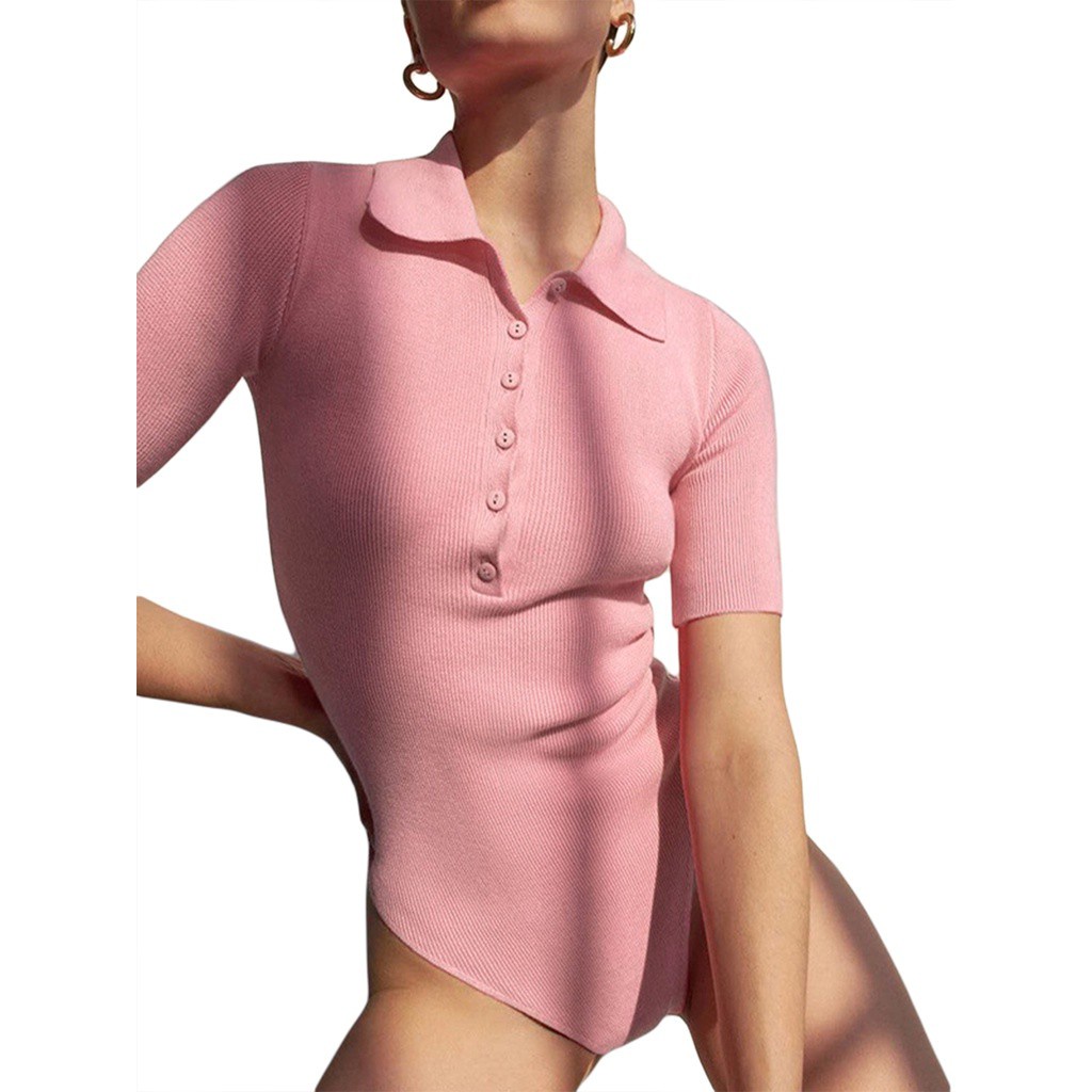 Bộ Áo Liền Quần Tay Ngắn Cổ Polo Cài Nút Màu Trơn Thời Trang Cho Nữ | BigBuy360 - bigbuy360.vn