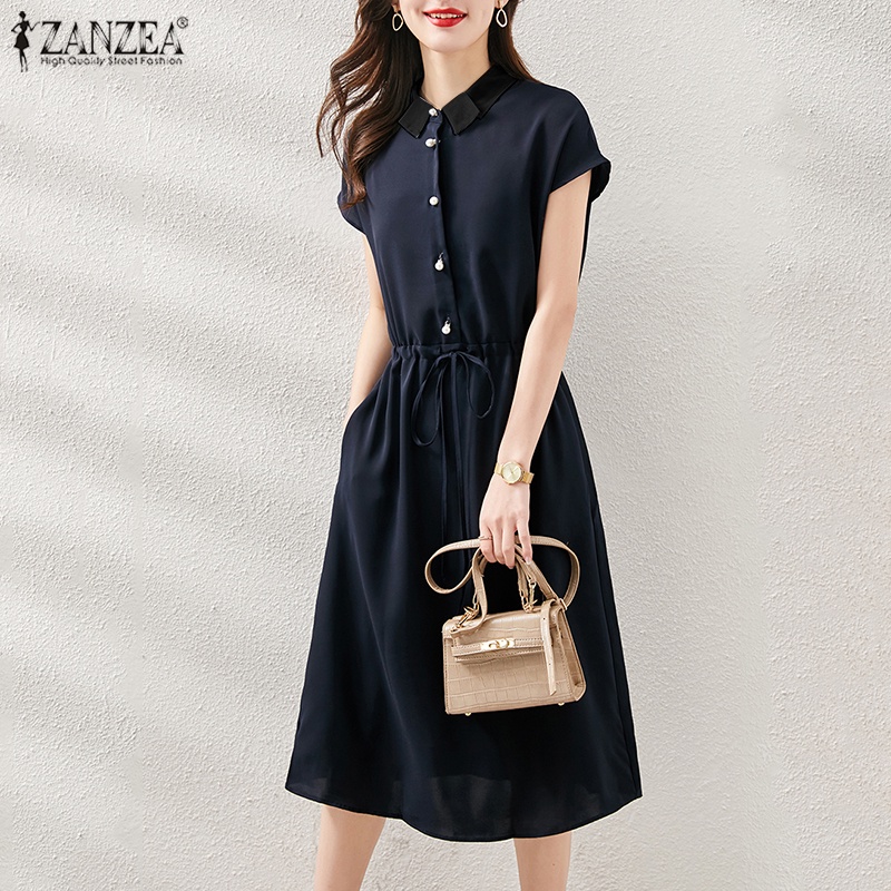 Đầm ZANZEA dài tay ngắn cổ bẻ phối dây rút thời trang cho nữ
