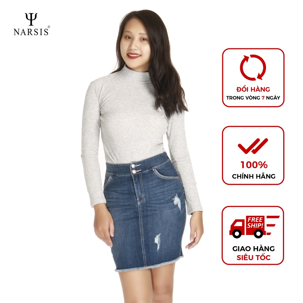 Chân váy bò nữ Narsis B7010 xước xanh nhạt cúc đôi