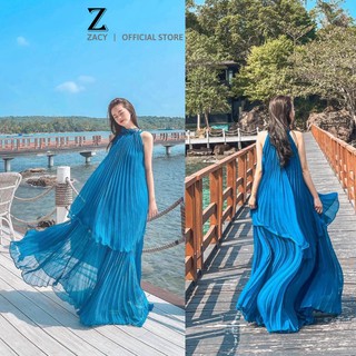 Váy maxi dập li đi biển cổ yếm nữ chất liệu voan tơ cao cấp đi du lịch đi chơi