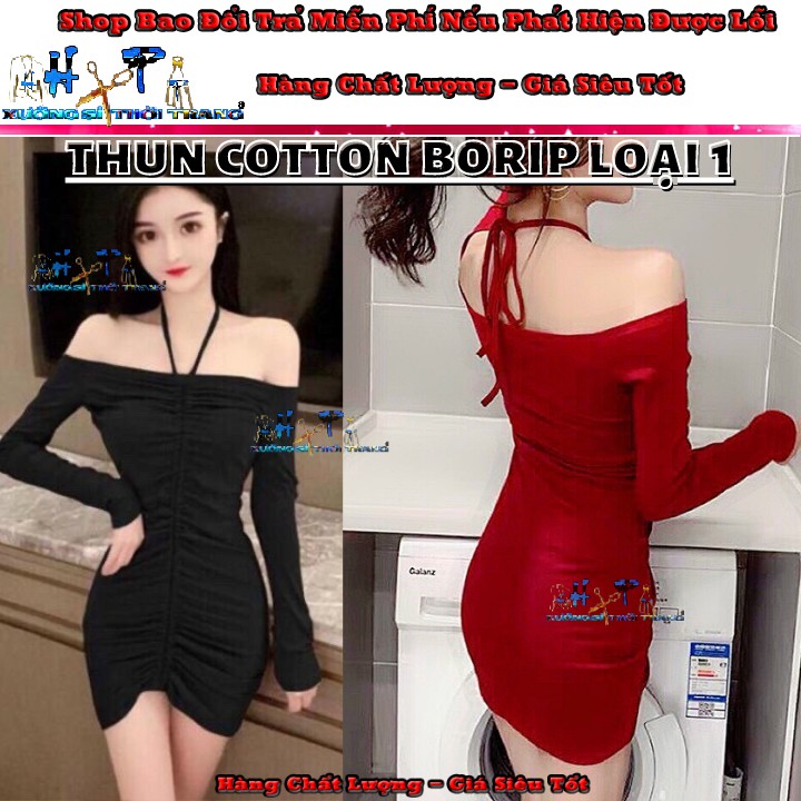 Đầm trễ vai tay dài ôm body thun borip loại 1 mẫu mới thời trang 2020