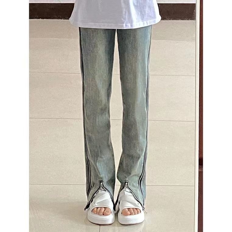 Quần Jeans Lưng Cao Dáng Suông Xẻ Tà Phối Khóa Kéo Phong Cách Retro Mỹ Cho Nữ