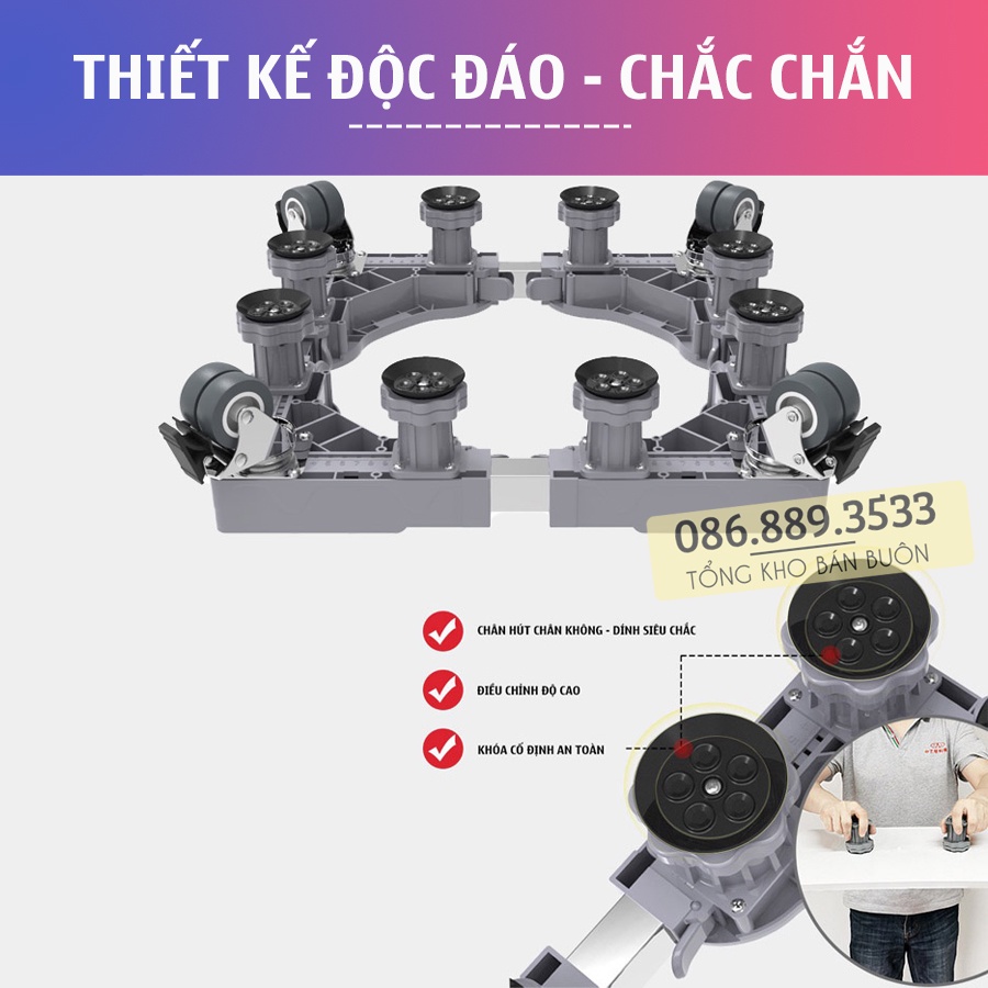 #MG8T4B / Chân Kệ Máy Giặt - Tủ lạnh ErgoTek 8 TRỤ 4 BÁNH - Chân Máy Giặt Cao Cấp - Điều Chỉnh Kích Thước - Độ Cao