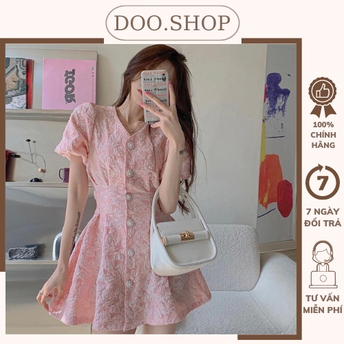 Váy xốp hở eo nữ Đầm họa tiết hoa nổi cổ V cúc hoa thiết kế lộ eo cá tính Kiều One Shop