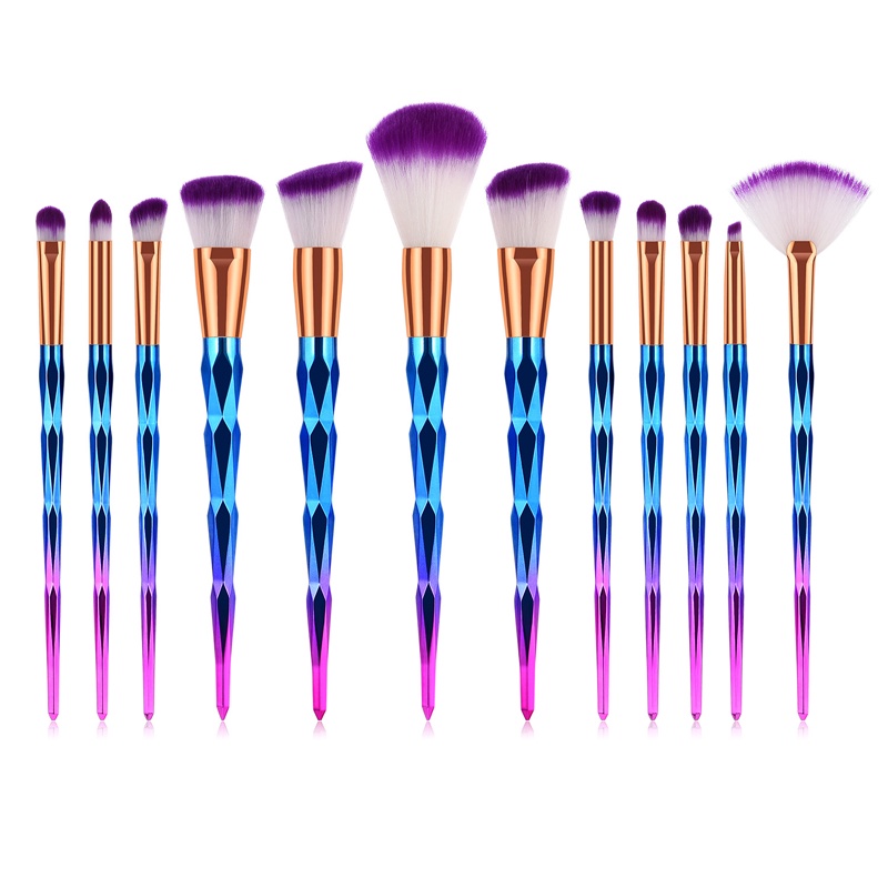 Set 12 Cọ Trang Điểm Lông Mềm Ánh Pha Lê Tím Xanh GUJHUI Đa Năng Cao Cấp