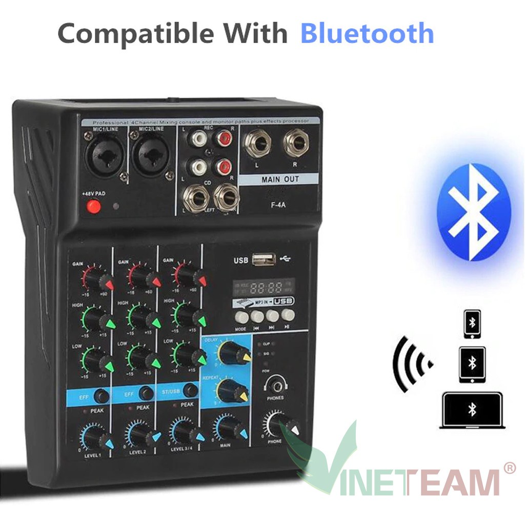 Bộ chộn âm thanh Mixer F4 Pro USB có Bluetooth bản nâng cấp tặng dây truyền nhạc ,Zắc 6.5 -dc4178+dc867+dc3125