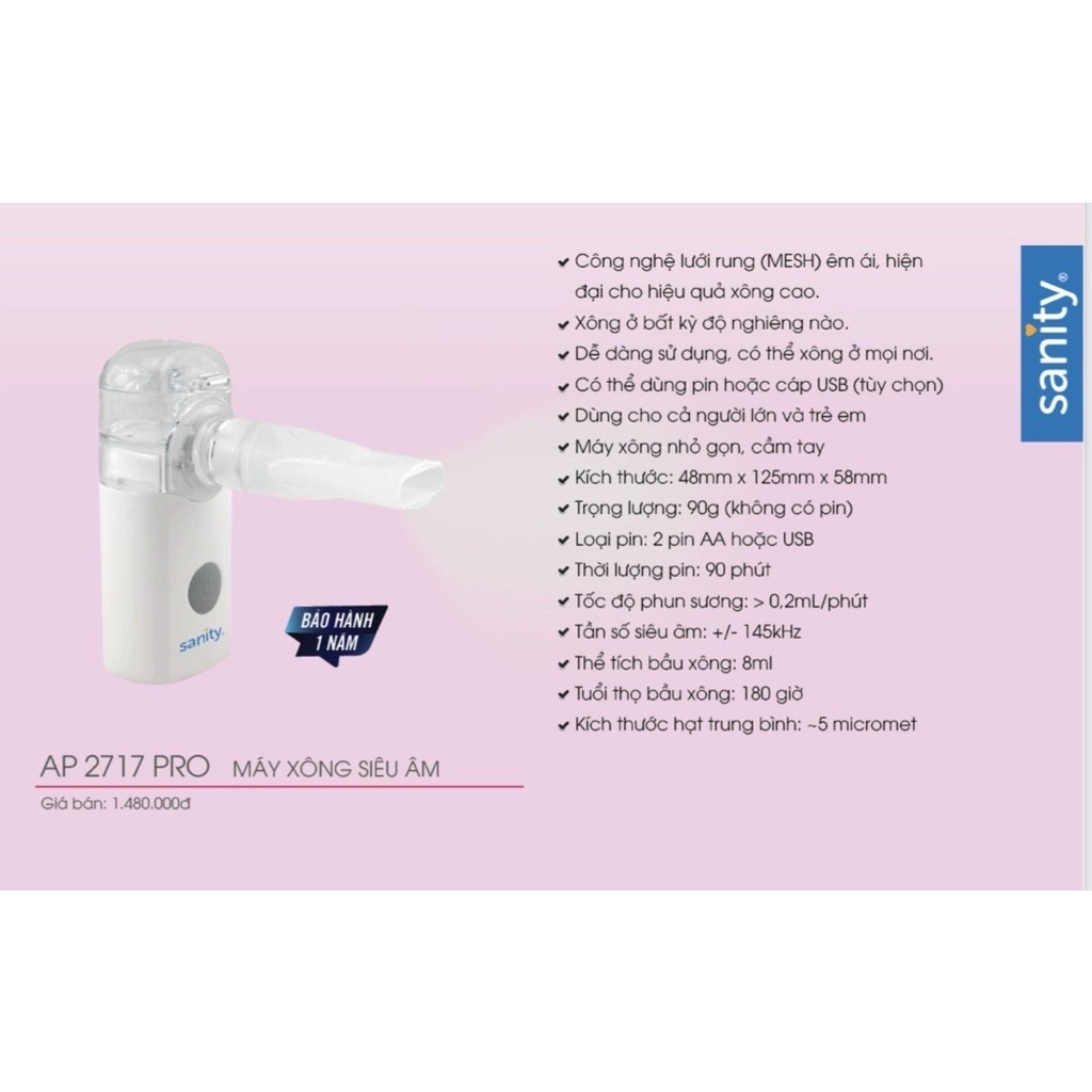 Máy xông khí dung cầm tay SANITY AP-2717 PRO pin AA/USB, Xông siêu âm không ồn, hạt nano - Công nghệ Đức