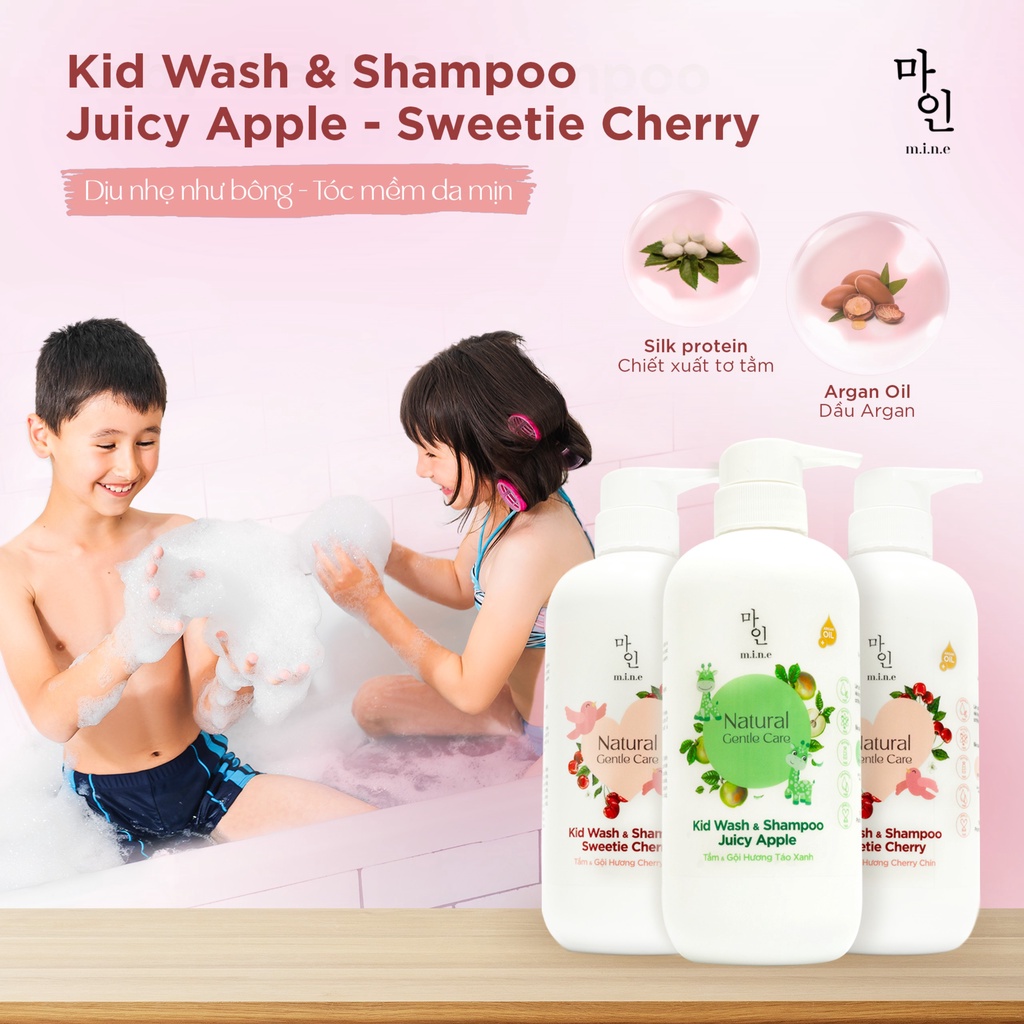 Tắm&Gội Toàn Thân 3 trong 1 Cho Bé MINE- Kid Wash & Shampoo Juicy Apple Duy trì độ ẩm cho da, giúp da bé mềm mại