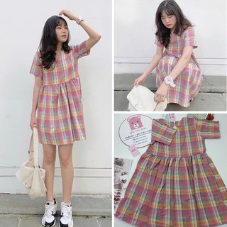 🌻Váy babydoll kẻ hồng xinh ngất ngây