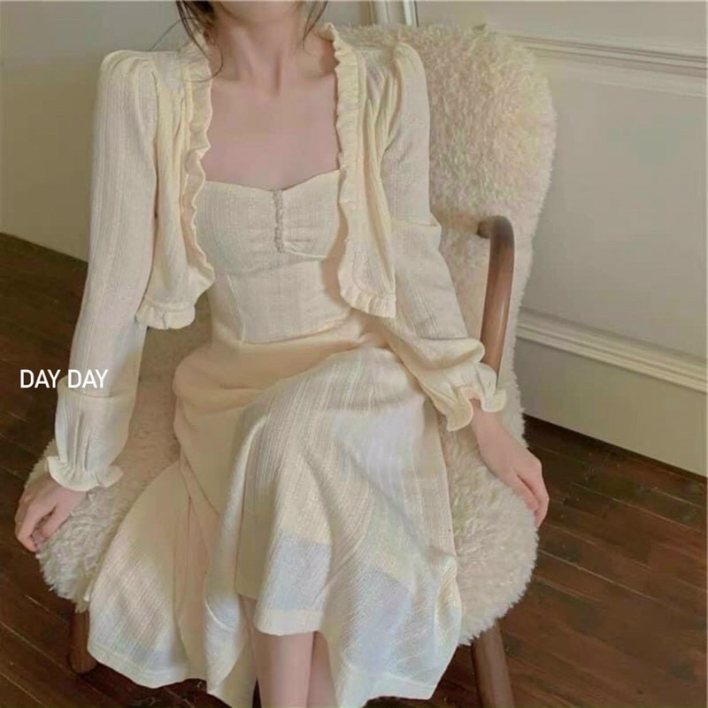 Đầm váy nude 2 dây dài kèm áo khoác - set đũi maxi suông đi chơi dạo phố đi biển tiểu thư dễ thương kèm hình thật