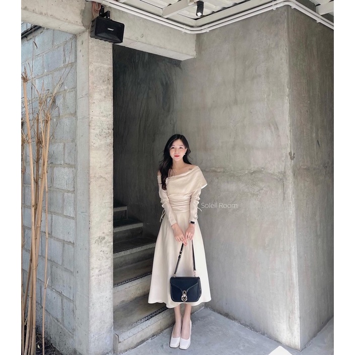 Đầm  be dài trễ vai nhúng hông chống nhăn tôn dáng LORA DRESS-BEST SELLER