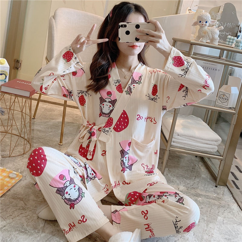 Bộ Đồ Ngủ Kimono Tay Dài Dáng Rộng Họa Tiết Hoa Phong Cách Hàn Quốc Thời Trang Mùa Đông Cho Nữ