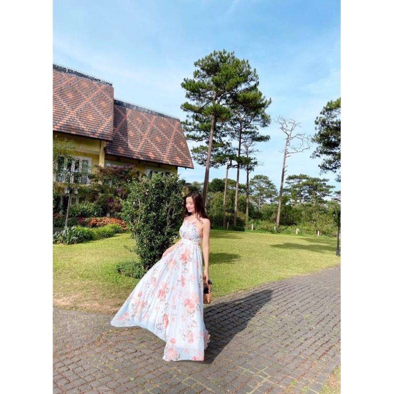 (miễn phí chỉnh váy) đầm maxi voan hoa yếm hở lưng váy xoè to đi biển du lịch chụp hình sống ảo thiết kế sang trọng ';