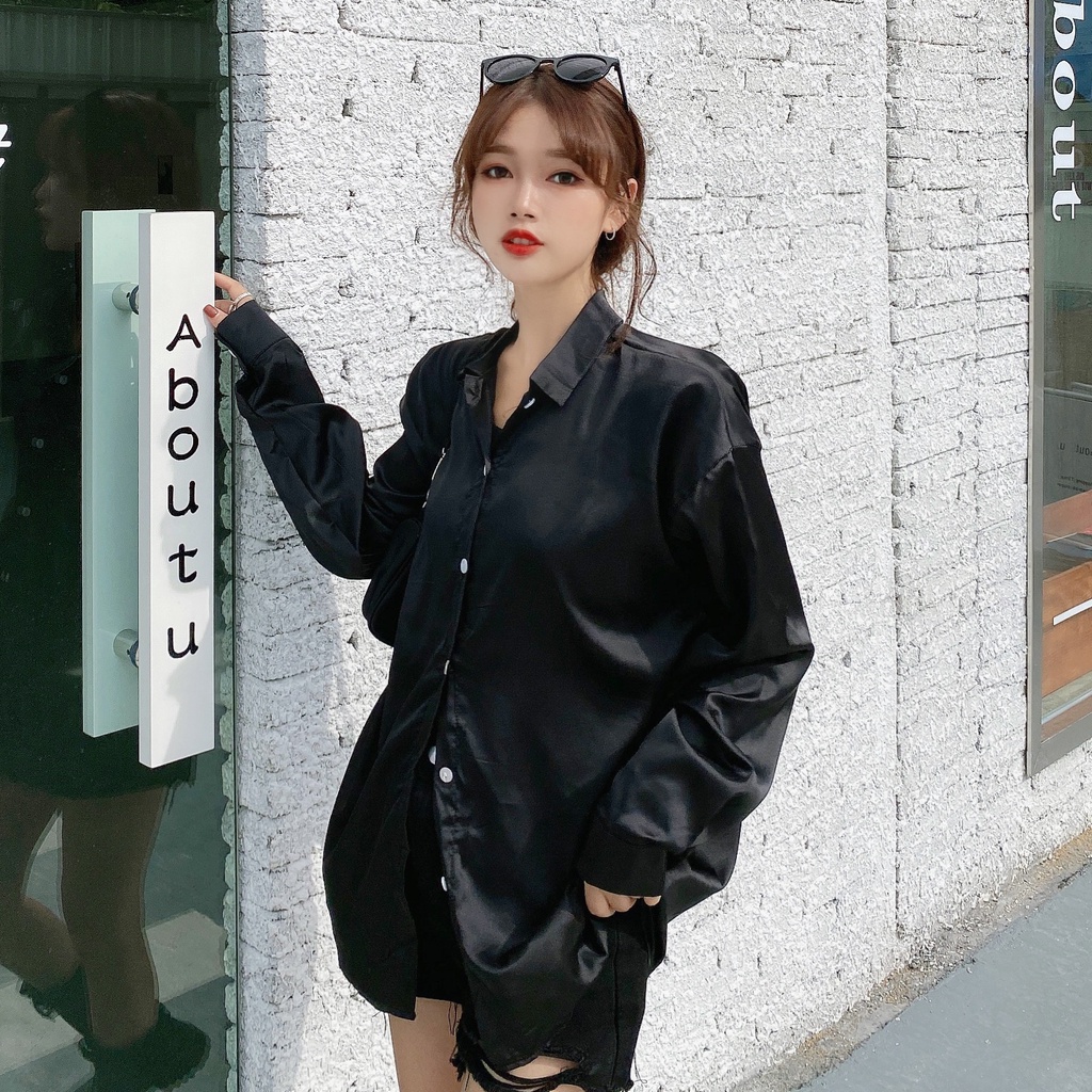 Áo sơ mi SUXI tay dài màu trơn dáng rộng hợp thời trang cho nữ