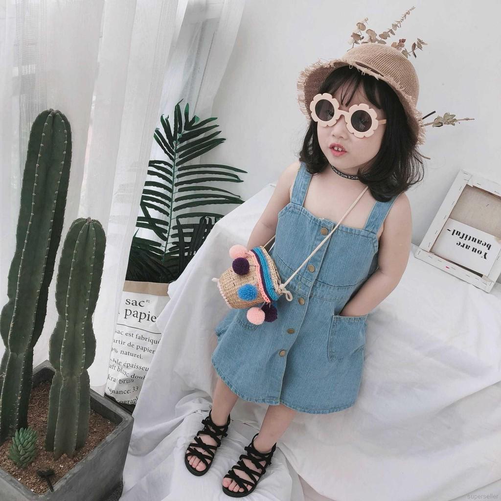 Đầm yếm denim màu trơn thời trang mùa hè cho bé gái