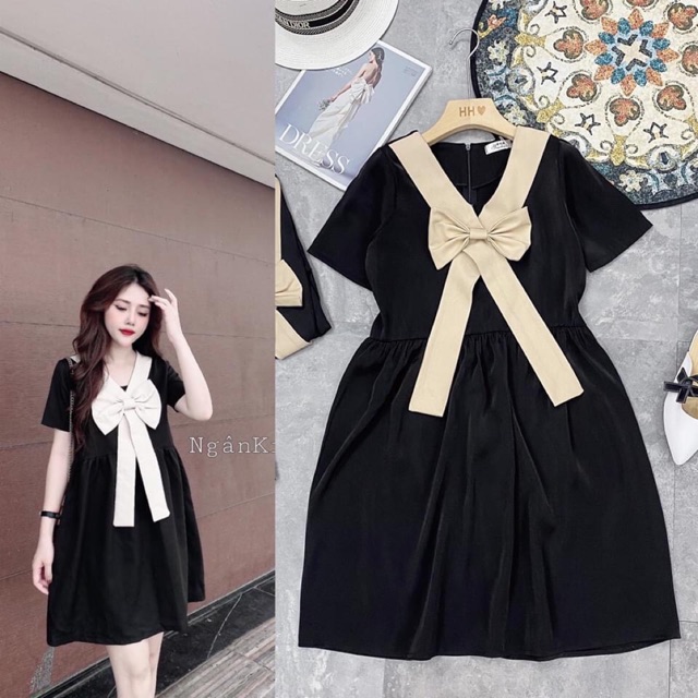 Váy suông nơ ngực trắng cổ V