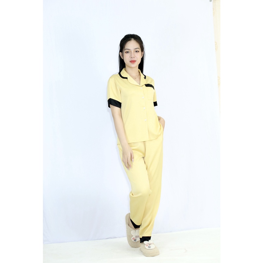 Bộ đồ bộ Pijama màu VÀNG CỔ SAU NHÚN BÈO  tay ngắn quần dài vải lụa tuyết co giãn nhẹ - Thoải Mái Nhẹ Nhàng
