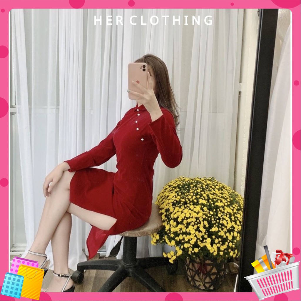 Đầm thiết kế đầm tết nhung sườn xám vải nhung 2 da tết thêm rực rỡ, mặc dự tiệc dạo phố cực xinh[SƯỜN XÁM DÀI]